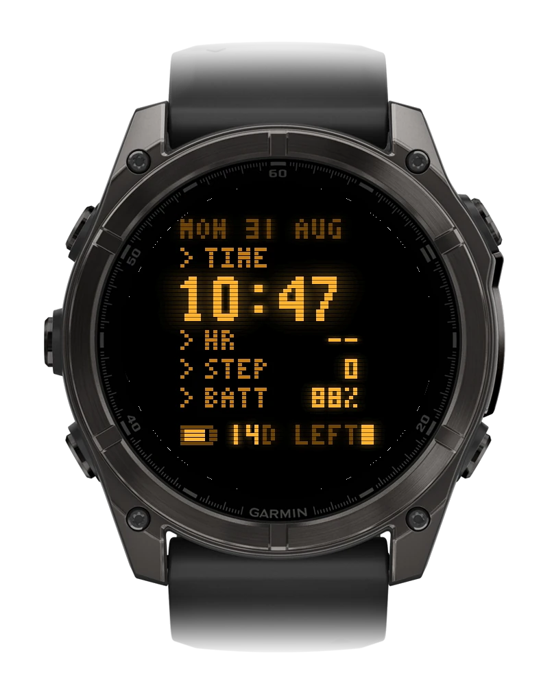 Boot log layout: date, TIME prompt, clock, three metric lines and a battery-days line ending in a caret.
